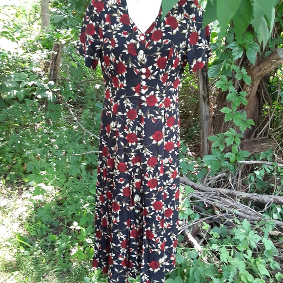 90s floral red rose black maxi dress faux vest and loads of buttons sz 12 - Picture 4 of 7